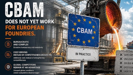 CBAM-Grafik mit Industrieanlage, flüssigem Metall und EU-Bezug zu CO₂-Vorgaben für Gießereien